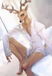  absurd_res anthro beastars cervid cigarette feet hi_res louis_(beastars) male mammal moonpearl pose sitting solo unbuttoned_shirt 