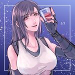  1girl bangs bare_shoulders black_bra black_gloves black_hair blue_background border bra breasts cup dated elbow_gloves final_fantasy final_fantasy_vii final_fantasy_vii_remake fingerless_gloves gloves highres holding holding_cup large_breasts looking_at_viewer nnnmmg0725 parted_lips red_eyes shirt sleeveless sleeveless_shirt smile solo sports_bra suspenders tifa_lockhart underwear upper_body white_shirt 