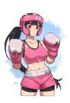  1girl bare_shoulders bike_shorts black_hair black_shorts boxing_gloves boxing_headgear breasts closed_mouth commentary crop_top difman english_commentary highres long_hair looking_at_viewer medium_breasts navel original pink_headwear pink_shorts ponytail red_eyes short_shorts shorts shorts_under_shorts solo very_long_hair 