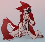  anthro black_collar black_leash blue_eyes blush cassius_(oldmancassius) chastity_cage chastity_device collar elcy fur kneeling leash male muzzle_(object) muzzled red_body red_fur sergal solo submissive white_body white_fur 