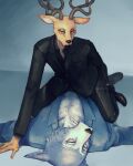  anthro beastars canid canine canis cervid clothing hi_res legoshi_(beastars) louis_(beastars) male male/male mammal moonpearl pinned pose suit wolf 