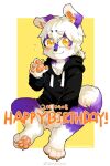  2017 2:3 anthro asnnonaka black_clothing black_hoodie black_topwear blush border bottomless canid cheek_tuft chibi closed_smile clothed clothing dated eyebrow_through_hair eyebrows facial_tuft featureless_crotch floppy_ears front_view full-length_portrait fur hair hoodie male mammal messy_hair mouth_closed orange_pupils portrait pupils purple_body purple_fur short_hair signature simple_background sitting solo topwear translucent translucent_hair tuft white_body white_border white_fur white_hair yellow_background yellow_eyes 