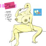  2022 absurd_res anthro areola bedroom_eyes bent_legs breasts burmese_python color_swatch crossed_legs eyelashes female forked_tongue gesture hi_res jani_scales leg_over_thigh looking_at_viewer markings mature_female model_sheet narrowed_eyes nipples non-mammal_breasts non-mammal_nipples orange_eyes pointing pointing_at_self python reptile scale_markings scales scalie seductive simple_background sitting skwmt4 smile smiling_at_viewer snake solo thick_thighs tongue tongue_out white_background wide_hips yellow_body yellow_scales 
