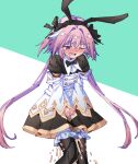  1boy @_@ animal_ears astolfo_(fate) bangs between_legs black_bow black_bowtie black_dress black_hairband black_pantyhose bloomers blush bow bowtie buttons commentary detached_sleeves dress drooling embarrassed fake_animal_ears fate/grand_order fate_(series) green_background hair_bow hair_intakes hairband half-closed_eye hand_between_legs have_to_pee leaning_forward long_hair looking_down male_focus nose_blush one_eye_closed open_mouth otoko_no_ko own_hands_together pantyhose pee peeing peeing_self pink_hair purple_eyes rabbit_ears rune_(pixiv_25170019) saliva shiny shiny_hair short_dress short_sleeves sidelocks simple_background solo standing tears traditional_bowtie twintails two-tone_background underwear v_arms very_long_hair wet wet_clothes white_bloomers white_sleeves wince 