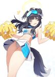  1girl animal_ears bangs black_hair blue_archive breasts cheerleader crop_top dog_ears dog_girl dog_tail goggles goggles_on_head halo hibiki_(blue_archive) hibiki_(cheerleader)_(blue_archive) highres holding holding_pom_poms long_hair looking_at_viewer medium_breasts open_mouth panties pantyshot pleated_skirt pom_pom_(cheerleading) purple_eyes simple_background skirt solo tail thit155 underwear upskirt wavy_mouth white_background white_panties 