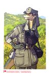  2022 anthro camera claws clock clothed clothing colored darbaras day female hand_on_hip hi_res lizard military orange_eyes outside patreon plant pouch_(clothing) reptile scalie text url watch 