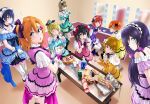  6+girls ayase_eli black_hair blonde_hair blue_hair brown_hair commentary dark_blue_hair dress dressing_room drink eating food gloves hairband hoshizora_rin indoors katoryu_gotoku kira-kira_sensation! koizumi_hanayo kousaka_honoka light_brown_hair looking_at_viewer looking_back love_live! love_live!_school_idol_project minami_kotori mirror multiple_girls nishikino_maki open_mouth orange_hair parted_lips purple_hair red_hair short_dress sitting sonoda_umi standing table toujou_nozomi white_gloves yazawa_nico 