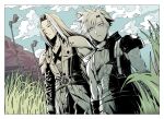  2boys armor bangs belt black_jacket blue_eyes border buster_sword chest_strap closed_eyes cloud cloud_strife cloudy_sky cowboy_shot final_fantasy final_fantasy_vii final_fantasy_vii_remake gloves grass hair_between_eyes high_collar highres jacket long_bangs long_hair long_sleeves looking_at_viewer male_focus multiple_belts multiple_boys nnnmmg0725 open_collar outdoors parted_bangs parted_lips sephiroth short_hair shoulder_armor sky sleeveless sleeveless_turtleneck spiked_hair suspenders turtleneck weapon weapon_on_back 