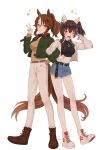  2girls animal_ears bangs belt black_shirt blush boots breasts brown_footwear brown_hair cutoffs daitaku_helios_(umamusume) denim denim_shorts fang full_body green_eyes green_jacket hair_ornament hairclip hand_in_pocket hand_up high_tops highres horse_ears horse_girl horse_tail jacket locked_arms long_hair long_sleeves looking_at_viewer medium_breasts medium_hair mejiro_palmer_(umamusume) midriff multicolored_hair multiple_girls one_eye_closed open_mouth pants rio_(rio_067) shirt shirt_tucked_in shoes shorts side_ponytail smile sneakers standing star_(symbol) tail two-tone_hair umamusume v v_over_eye w white_background white_footwear white_jacket white_pants yellow_shirt 