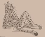  2022 anthro arcr-cric digital_media_(artwork) digitigrade felid hi_res jaguar leopard_spots looking_at_viewer looking_back looking_back_at_viewer lying male mammal monochrome nude on_side pantherine paws pose reclining simple_background solo spots whiskers 