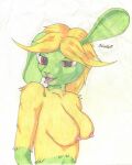  4:5 absurd_res breasts colored colored_pencil_(artwork) female fur green_body green_fur hair hi_res kirhos kiszkot mammal nipples nude open_mouth portrait red_eyes rodent shaded signature simple_background solo tongue tongue_out traditional_media_(artwork) yellow_body yellow_fur 