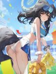  1girl absurdres animal_ears ass black_hair blue_archive blue_eyes blurry blurry_background breasts cheerleader cowboy_shot crop_top dog_ears dog_girl dog_tail eyewear_on_head floating_hair from_behind goggles goggles_on_head halo hibiki_(blue_archive) hibiki_(cheerleader)_(blue_archive) highres holding holding_pom_poms josal large_breasts leaning_forward long_hair midriff miniskirt official_alternate_costume open_mouth outdoors panties pantyshot pleated_skirt pom_pom_(cheerleading) skirt solo sweat tail underwear white_panties white_skirt 