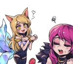  2girls :d ahri_(league_of_legends) animal_ears bangs black_thighhighs blonde_hair breasts cleavage closed_eyes covered_navel evelynn_(league_of_legends) facial_mark fang fox_ears fox_girl fox_tail fur_trim grey_background heart k/da_(league_of_legends) k/da_ahri k/da_evelynn large_breasts league_of_legends long_hair looking_at_another multiple_girls official_alternate_costume open_mouth own_hands_together phantom_ix_row pink_hair portrait simple_background smile squiggle tail teeth thighhighs upper_teeth whisker_markings 