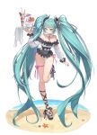  1girl absurdres ankle_lace-up aqua_eyes aqua_hair aqua_nails beach black_footwear bow breasts cherry chocolate_syrup cleavage cocktail_umbrella cross-laced_footwear detached_collar food frilled_swimsuit frills fruit full_body hair_ribbon hatsune_miku highres holding holding_tray ice_cream leg_ribbon lemon lemon_slice long_hair looking_at_viewer narrow_waist necktie oh_kyoung_hwan parfait platform_footwear ribbon sandals shoes short_necktie spoon standing standing_on_one_leg starfish summer sundae swimsuit thigh_ribbon thighs tray twintails very_long_hair vocaloid wafer wafer_stick 