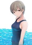  1girl bangs blue_one-piece_swimsuit breasts brown_eyes collarbone expressionless from_side grey_hair hair_between_eyes hashi looking_at_viewer medium_breasts one-piece_swimsuit original partially_submerged school_swimsuit short_hair swimsuit tomboy upper_body water white_background 