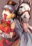  1girl 1other :p animal_ears bangs blunt_bangs bow bowtie commentary creature_and_personification gloves gold_ship_(racehorse) gold_ship_(umamusume) grey_hair highres horse horse_ears horse_girl long_hair looking_at_viewer pillbox_hat purple_background purple_eyes red_bow red_bowtie simple_background tongue tongue_out umamusume user_uscc4228 white_gloves 