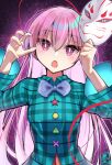  1girl blue_bow blue_bowtie bow bowtie bright_pupils fox_mask green_shirt hata_no_kokoro highres hoshizora_gabugabu long_hair long_sleeves mask open_mouth pink_eyes pink_hair plaid plaid_shirt shirt solo star_(symbol) touhou upper_body white_pupils 