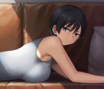  1girl black_hair blue_eyes breast_press breasts closed_mouth couch expressionless from_side grey_shirt hashi highres large_breasts looking_at_viewer looking_to_the_side lying on_stomach original shirt short_hair sleeveless sleeveless_shirt solo tomboy upper_body 