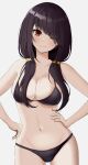  1girl absurdres bangs bare_arms bare_shoulders bikini black_bikini black_hair blush breasts cleavage closed_mouth cowboy_shot date_a_live diagonal_bangs hair_over_breasts hair_over_one_eye hair_over_shoulder hands_on_hips highres large_breasts long_hair looking_at_viewer navel one_eye_closed red_eyes simple_background smile solo stomach swimsuit tokisaki_kurumi tti_tti twintails white_background 