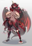  1girl absurdres arthropod_girl arthropod_limbs black_hair black_sclera breasts carapace colored_sclera commission dark-skinned_female dark_skin destoroyah full_body gigantic_breasts godzilla_(series) godzilla_vs._destoroyah gradient_hair hair_between_eyes highres horns konoshige_(ryuun) long_hair monster_girl multicolored_hair navel personification red_hair single_horn skeb_commission solo standing streaked_hair tail wings yellow_eyes 