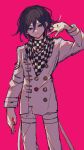  1boy bangs black_hair buttons checkered_clothes checkered_scarf closed_mouth danganronpa_(series) danganronpa_v3:_killing_harmony double-breasted feet_out_of_frame grey_jacket grey_pants hair_between_eyes highres jacket long_sleeves looking_at_viewer male_focus multicolored_hair ouma_kokichi pants pink_background pink_hair scarf short_hair simple_background smile solo two-tone_hair ze_ro_saiji 