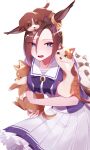  1girl absurdres air_groove_(umamusume) animal animal_ears animal_on_head blue_eyes bow bowtie breasts brown_hair cat dog dog_on_head ear_bow frilled_skirt frills highres holding holding_animal holding_dog horse_ears horse_girl horse_tail horseshoe_ornament large_breasts nitsu_(nitsuni2_2) on_head pleated_skirt puffy_short_sleeves puffy_sleeves purple_bow purple_bowtie purple_serafuku purple_shirt sailor_collar sailor_shirt school_uniform serafuku shirt short_hair short_sleeves sideways_glance simple_background skirt solo tail tracen_school_uniform umamusume white_background white_skirt yellow_bow 