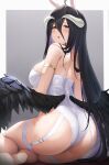  1girl :o albedo_(overlord) animal_ears arm_strap ass bare_shoulders black_hair blush breasts brown_eyes demon_girl fake_animal_ears fishnet_thighhighs fishnets futon_fly_away garter_straps hair_between_eyes hair_ornament hairband highres horns large_breasts leotard long_hair looking_at_viewer looking_back overlord_(maruyama) parted_lips playboy_bunny rabbit_ears solo thighhighs thighs white_hairband white_leotard white_thighhighs wings 