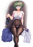  1girl :o absurdres black_footwear black_pantyhose blue_eyes blue_skirt bra bra_visible_through_clothes breasts collarbone covered_navel feet_out_of_frame glasses green_hair highres large_breasts loafers looking_at_viewer nicchi original panties panties_under_pantyhose pantyhose parted_lips pleated_skirt shirt shirt_removed shoes short_hair short_sleeves sitting skirt skirt_removed solo thighband_pantyhose tied_shirt underwear undressing wet wet_clothes wet_shirt white_bra white_panties white_shirt 