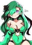  1girl aged_up bare_shoulders breasts cleavage closed_mouth detached_sleeves final_fantasy final_fantasy_iv green_hair green_leotard hair_ornament hair_over_one_eye highres large_breasts leotard long_hair looking_at_viewer rydia_(ff4) simple_background smile solo white_background 