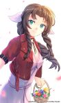  1girl absurdres aerith_gainsborough artist_name bangle bangs basket bracelet braid braided_ponytail breasts brown_hair choker cleavage closed_mouth commentary cowboy_shot cropped_jacket deviantart_username dress falling_petals final_fantasy final_fantasy_vii final_fantasy_vii_remake flower_basket green_eyes hair_ribbon highres holding holding_basket jacket jewelry long_hair looking_at_viewer medium_breasts parted_bangs petals pink_dress pink_ribbon red_jacket ribbon ryo-suzuki short_sleeves sidelocks smile solo twitter_username web_address white_background 