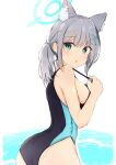  1girl animal_ear_fluff animal_ears aqua_eyes ass bangs blue_archive blush breasts commentary_request competition_swimsuit ear_piercing grey_hair hair_ornament halo highres looking_at_viewer looking_back medium_breasts mismatched_pupils one-piece_swimsuit piercing ponytail shimaji_noma shiroko_(blue_archive) shiroko_(swimsuit)_(blue_archive) simple_background solo swimsuit water white_background x_hair_ornament 