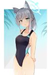  1girl animal_ear_fluff animal_ears aqua_eyes arms_behind_back blue_archive blush breasts cleavage cross_hair_ornament grey_hair hair_ornament halo highleg highleg_swimsuit highres looking_at_viewer medium_breasts mismatched_pupils one-piece_swimsuit ponytail shimaji_noma shiroko_(blue_archive) shiroko_(swimsuit)_(blue_archive) sidelocks simple_background solo swimsuit 