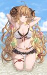  1girl absurdres ahoge anila_(granblue_fantasy) anila_(summer)_(granblue_fantasy) arms_behind_head arms_up bangs bare_shoulders beach bikini blonde_hair blue_sky blunt_bangs blush breasts cleavage closed_mouth cloud collarbone day draph frilled_bikini frills granblue_fantasy hair_ornament highres horizon horns hoshido1214 large_breasts layered_bikini leg_ribbon light_smile long_hair looking_at_viewer navel ocean official_alternate_costume outdoors partially_submerged red_ribbon ribbon seiza sheep_horns short_eyebrows sidelocks sitting sky smile solo stomach swimsuit thick_eyebrows thigh_ribbon thighs very_long_hair water white_bikini yellow_eyes 