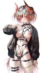  1girl arknights bar_censor between_breasts black_jacket blush breasts censored cowboy_shot feather_hair female_pubic_hair fiammetta_(arknights) gradient_hair grey_hair harness highres holding iumu jacket long_sleeves looking_at_viewer medium_breasts multicolored_hair navel nipples no_bra no_panties o-ring object_insertion open_clothes open_jacket parted_lips pubic_hair pussy red_eyes red_hair sex_toy simple_background smile solo thigh_strap vaginal vaginal_object_insertion vibrator white_background 
