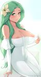  1girl \||/ absurdres areola_slip arm_at_side bare_shoulders breasts cleavage closed_mouth clothes_pull collarbone detached_sleeves dress dress_pull english_commentary fire_emblem fire_emblem:_three_houses flower forehead green_eyes green_hair hair_flower hair_ornament hair_over_shoulder hibiscus highres hioyami large_breasts legs_together long_hair looking_at_viewer nipples patreon_username pointy_nose puffy_detached_sleeves puffy_sleeves rhea_(fire_emblem) shadow simple_background sitting smile solo topless white_background white_dress 