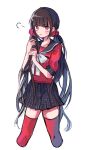  1girl bangs black_sailor_collar black_skirt blush bow bowtie brown_hair danganronpa_(series) danganronpa_v3:_killing_harmony hair_ornament hair_scrunchie hands_up harukawa_maki highres holding holding_hair long_hair low_twintails mole mole_under_eye plaid plaid_skirt pleated_skirt pout red_eyes red_scrunchie red_shirt red_thighhighs sailor_collar scrunchie shirt simple_background skirt solo thighhighs twintails white_background white_bow white_bowtie yuno_(ou35i) 