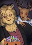  absurd_res anthro beastars bowl candy cervid clothing container costume dessert duo felid food frankenstein halloween hi_res holidays ibuki_(beastars) lion louis_(beastars) male male/male mammal moonpearl pantherine smile smirk 