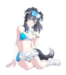  1girl airikkkka animal_ears bangs black_hair blue_archive blue_eyes blush breasts cleavage crop_top dog_ears dog_girl gloves goggles goggles_on_head hibiki_(blue_archive) hibiki_(cheerleader)_(blue_archive) highres long_hair looking_at_viewer medium_breasts miniskirt nose_blush partially_fingerless_gloves pleated_skirt shoes simple_background single_glove sitting skirt sneakers solo sweat tail white_background white_footwear white_gloves 