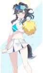  1girl animal_ears bangs black_hair blue_archive blue_eyes blush breasts cheerleader cleavage clothes_writing dog_ears dog_girl dog_tail goggles goggles_on_head halo hibiki_(blue_archive) hibiki_(cheerleader)_(blue_archive) highres holding holding_pom_poms kiriyama_ingram long_hair looking_at_viewer miniskirt parted_lips photoshop_(medium) pleated_skirt pom_pom_(cheerleading) ponytail skirt solo star_(symbol) sticker sticker_on_face tail 
