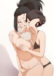  2girls black_bra black_eyes black_hair black_panties boku_no_hero_academia bra bra_lift breast_grab breasts eye_contact fingering grabbing grabbing_from_behind hand_in_another&#039;s_hair hand_in_panties highres jirou_kyouka kuroneko_pantsu large_breasts long_hair looking_at_another masturbation medium_breasts multiple_girls navel nipples one_eye_closed open_bra open_mouth panties ponytail short_hair simple_background standing underwear underwear_only white_bra white_panties yaoyorozu_momo yuri 