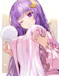  1girl ;( blush breast_hold breasts closed_mouth crescent crescent_hair_ornament dress efe frilled_sleeves frills hair_ornament hand_fan highres holding holding_fan indoors large_breasts long_hair long_sleeves looking_down no_headwear open_clothes paper_fan patchouli_knowledge purple_eyes pussy solo striped striped_dress touhou uchiwa upper_body vertical-striped_dress vertical_stripes wide_sleeves 