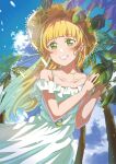  1girl absurdres al_aoi_aoba bangs birthday blonde_hair blue_sky cloud cloudy_sky collarbone commentary dress green_eyes grin heanna_sumire highres long_hair looking_at_viewer love_live! love_live!_superstar!! sky smile tree upper_body white_dress 