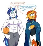  abs anthro anthrofied ball basketball_(ball) blue_eyes blue_hair cape clothed clothing dialogue english_text equid equine eyewear facial_hair friendship_is_magic fur glasses hair hasbro horn mammal my_little_pony orange_hair redxbacon shining_armor_(mlp) simple_background smile sunburst_(mlp) text topless unicorn white_background white_body white_fur yellow_body yellow_fur 
