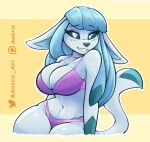  2022 absurd_res ambris anthro big_breasts bikini blue_body blue_sclera breasts cleavage clothed clothing ears_down eeveelution eyebrows eyelashes female frida_(ambris) generation_4_pokemon glaceon glistening hair hi_res long_hair nintendo pivoted_ears pokemon pokemon_(species) purple_bikini purple_clothing purple_swimwear smile solo swimwear video_games 