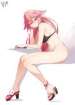  1girl animal_ears anklet bare_legs black_bra book bra breasts closed_mouth dated elbow_rest floppy_ears fox_ears from_side full_body genshin_impact geta hair_between_eyes head_rest highres jewelry large_breasts long_hair looking_at_viewer navel on_chair panties pink_hair purple_eyes sitting smile solo toes underwear white_background white_panties yae_miko yu-ta 
