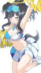  1girl animal_ears arm_up black_hair blue_archive blue_skirt breasts bright_pupils cheerleader cleavage clothes_writing dog_ears dog_girl dog_tail eyewear_on_head halo hibiki_(blue_archive) hibiki_(cheerleader)_(blue_archive) highres medium_breasts midriff navel pom_pom_(cheerleading) purple_eyes ruwo_benzen shoes simple_background skirt sneakers solo sunglasses tail thighs two-tone_skirt white_background white_footwear white_pupils white_skirt 