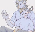  anthro beastars cervid comparing duo felid hi_res ibuki_(beastars) lion louis_(beastars) male male/male mammal moonpearl on_lap pantherine sitting sitting_on_lap 