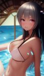 1girl bare_shoulders bikini blush breasts cleavage closed_mouth copyright_request day from_side grey_hair large_breasts lips looking_at_viewer looking_to_the_side navel petals purple_eyes smile solo stomach swimsuit tranquillianusmajor upper_body water white_bikini 