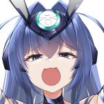  1girl :3 animal_ears arms_up azur_lane bangs bare_shoulders blue_eyes blue_hair bodystocking crossed_bangs english_commentary fake_animal_ears hair_between_eyes hair_intakes irkawaza long_hair looking_at_viewer new_jersey_(azur_lane) new_jersey_(exhilarating_steps!)_(azur_lane) official_alternate_costume open_mouth portrait rabbit_ears sidelocks simple_background solo white_background 