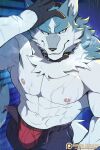  anthro bottomwear brand_new_animal bulge canid canine canis clothed clothing collar gloves handwear looking_at_viewer male mammal muscular muscular_anthro muscular_male netflix shirou_ogami sollyz solo studio_trigger topless underwear wolf 